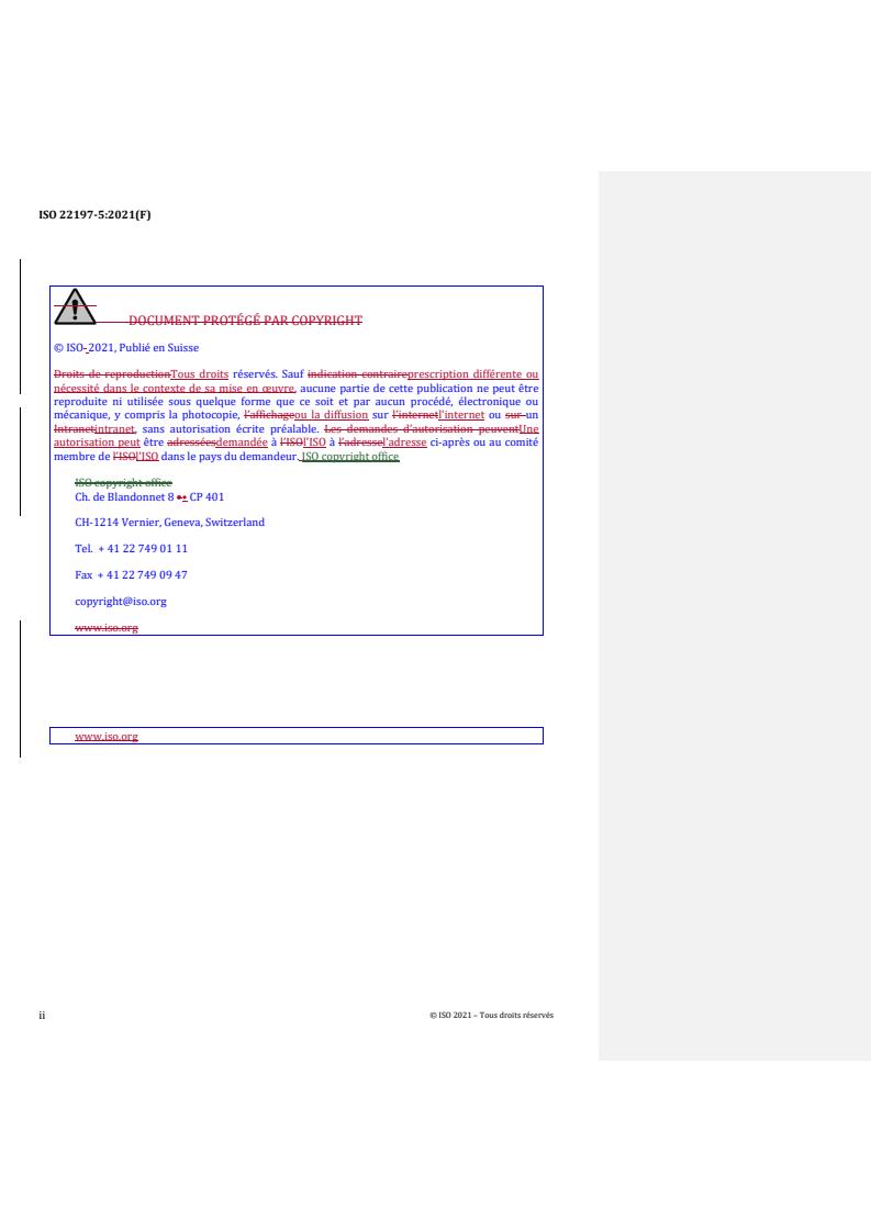 ISO 22197-5:2021 REDLINE ISO 22197-5:2021 - Fine ceramics (advanced ceramics, advanced technical ceramics) — Test method for air-purification performance of semiconducting photocatalytic materials — Part 5: Removal of methyl mercaptan
Released:7/6/2021 - Page 2 preview