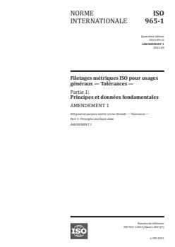 ISO 965-1:2013/Amd 1:2021 - Filetages métriques ISO pour usages généraux — Tolérances — Partie 1: Principes et données fondamentales — Amendement 1
Released:9/29/2021 - Page 1 preview