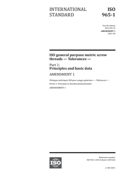 ISO 965-1:2013/Amd 1:2021 - ISO general purpose metric screw threads — Tolerances — Part 1: Principles and basic data — Amendment 1
Released:9/29/2021 - Page 1 preview