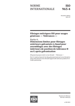 ISO 965-4:2021 - Filetages métriques ISO pour usages généraux — Tolérances — Partie 4: Dimensions limites pour filetages extérieurs galvanisés à chaud pour assemblages avec des filetages intérieurs de position de tolérance H ou G après galvanisation
Released:7/6/2021 - Page 1 preview