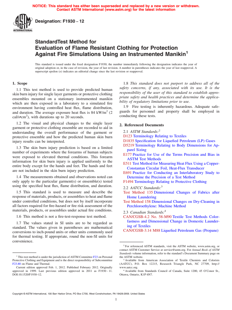 ASTM F1930-12 - Standard Test Method for Evaluation of Flame Resistant Clothing for Protection Against Fire Simulations Using an Instrumented Manikin