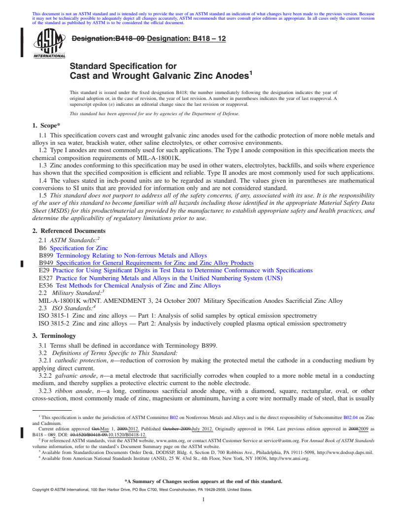 REDLINE ASTM B418-12 - Standard Specification for  Cast and Wrought Galvanic Zinc Anodes