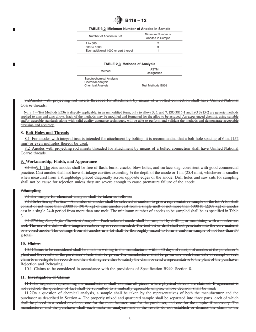 REDLINE ASTM B418-12 - Standard Specification for  Cast and Wrought Galvanic Zinc Anodes