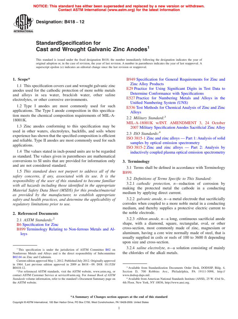 ASTM B418-12 - Standard Specification for  Cast and Wrought Galvanic Zinc Anodes