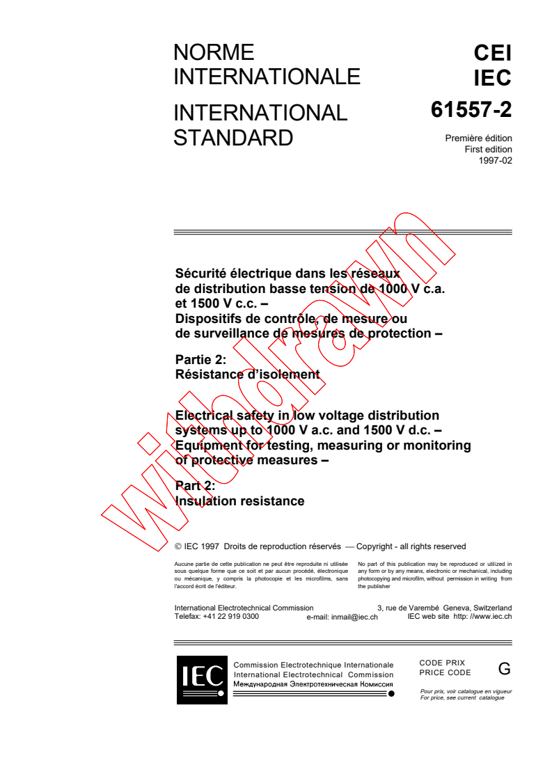 IEC 61557-2:1997 - Electrical safety in low voltage distribution systems up to 1000 V a.c. and 1500 V d.c. - Equipment for testing, measuring or monitoring of protective measures - Part 2: Insulation resistance
Released:2/14/1997
Isbn:2831837022