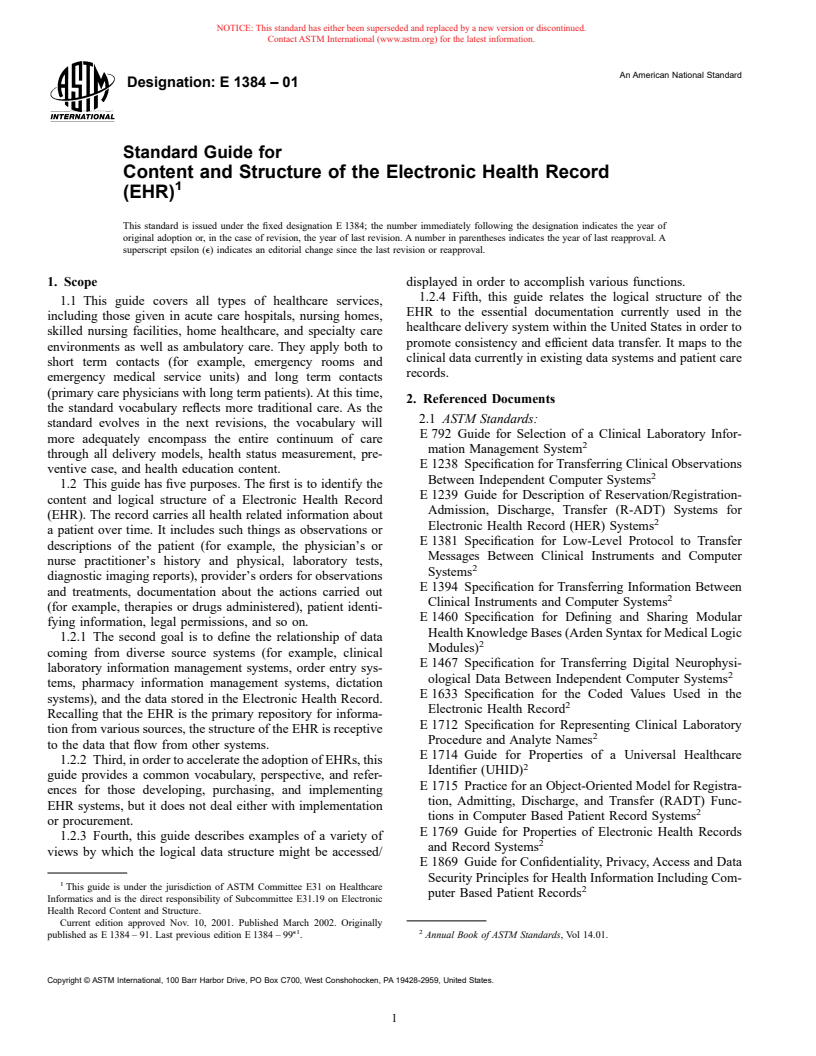 ASTM E1384-01 - Standard Guide for Content and Structure of the Electronic Health Record (EHR)