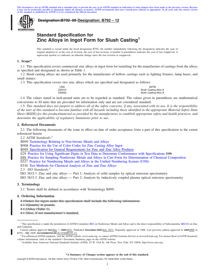 REDLINE ASTM B792-12 - Standard Specification for Zinc Alloys in Ingot Form for Slush Casting