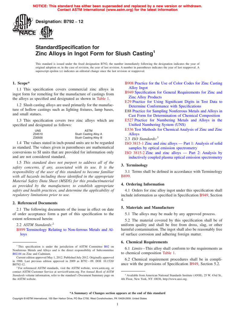 ASTM B792-12 - Standard Specification for Zinc Alloys in Ingot Form for Slush Casting