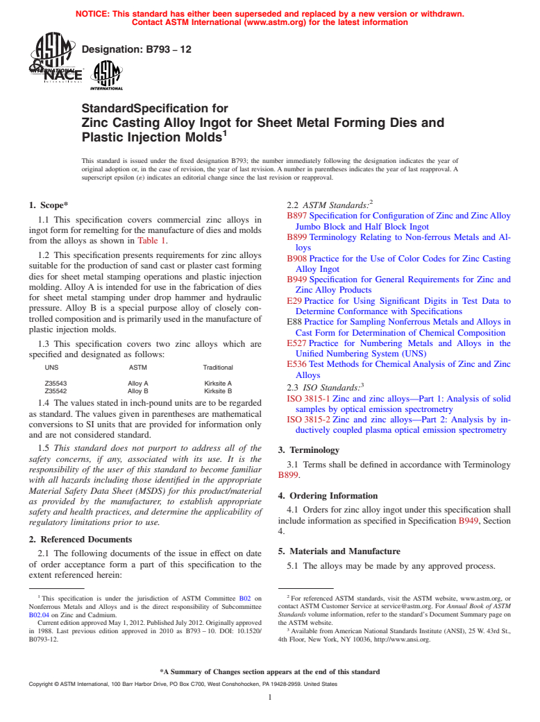 ASTM B793-12 - Standard Specification for Zinc Casting Alloy Ingot for Sheet Metal Forming Dies and Plastic  Injection   Molds