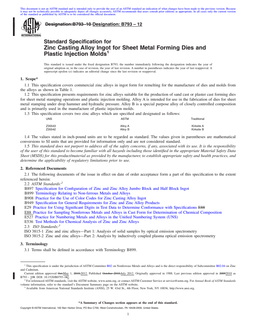 REDLINE ASTM B793-12 - Standard Specification for Zinc Casting Alloy Ingot for Sheet Metal Forming Dies and Plastic  Injection   Molds