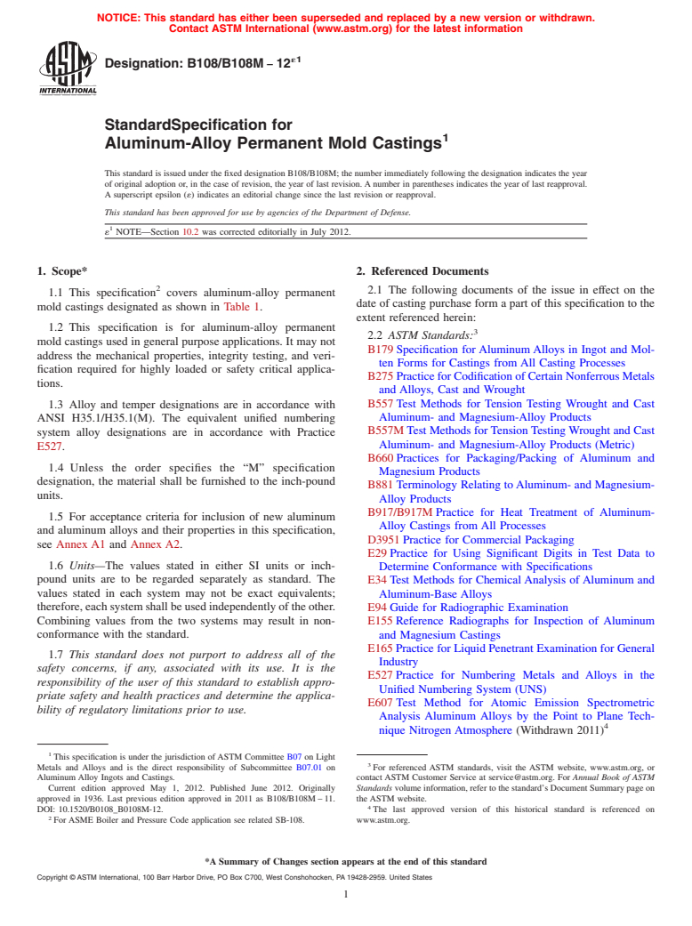 ASTM B108/B108M-12e1 - Standard Specification for Aluminum-Alloy Permanent Mold Castings