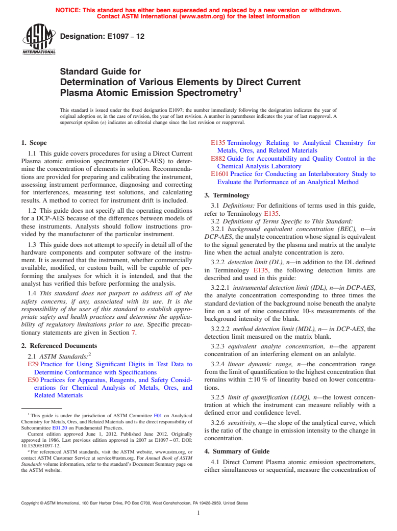 ASTM E1097-12 - Standard Guide for Determination of Various Elements by Direct Current Plasma Atomic Emission Spectrometry