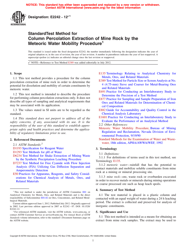 ASTM E2242-12e1 - Standard Test Method for Column Percolation Extraction of Mine Rock by the Meteoric Water Mobility Procedure