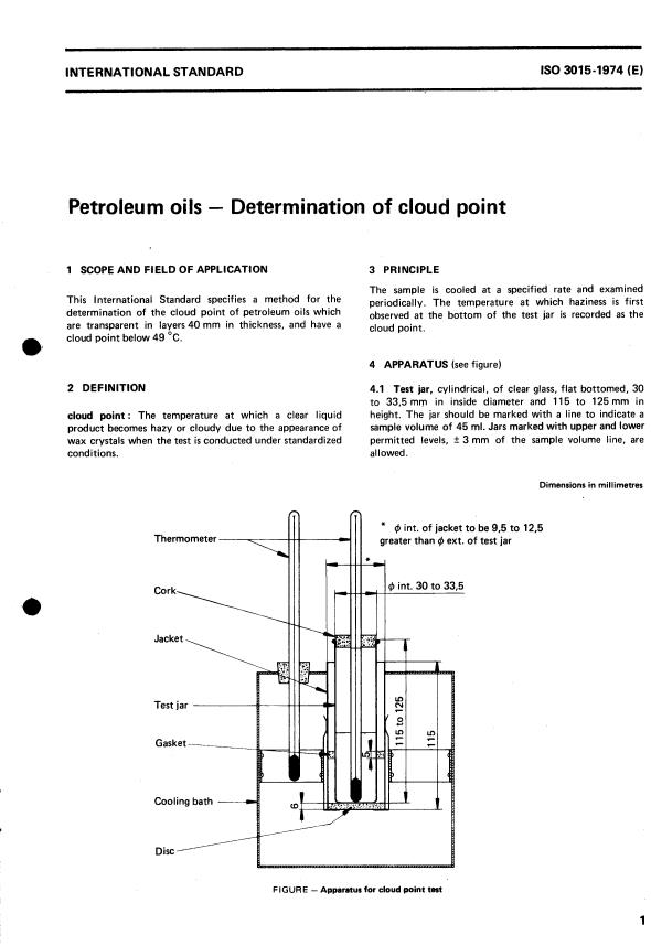 ISO 3015:1974 - Petroleum oils -- Determination of cloud point