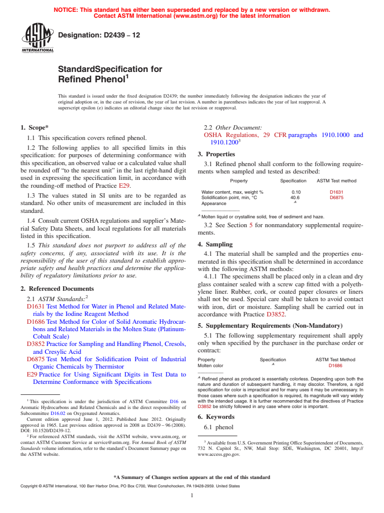 ASTM D2439-12 - Standard Specification for Refined Phenol