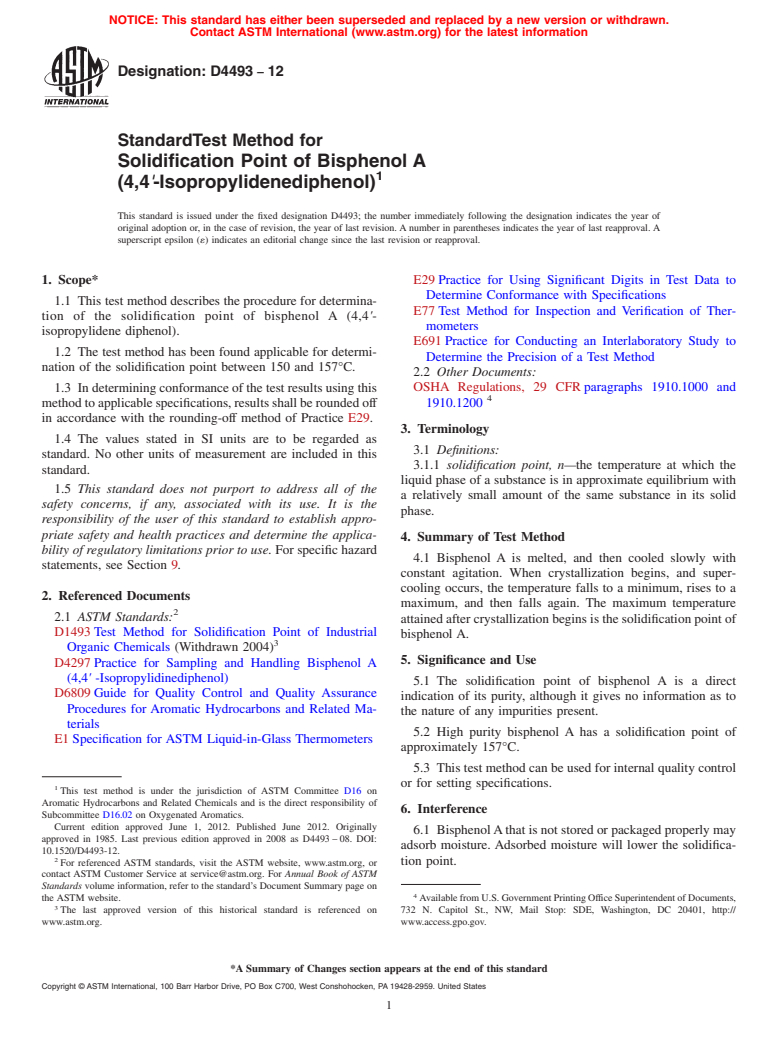 ASTM D4493-12 - Standard Test Method for  Solidification Point of Bisphenol A <brk/>(4,4`-Isopropylidenediphenol)