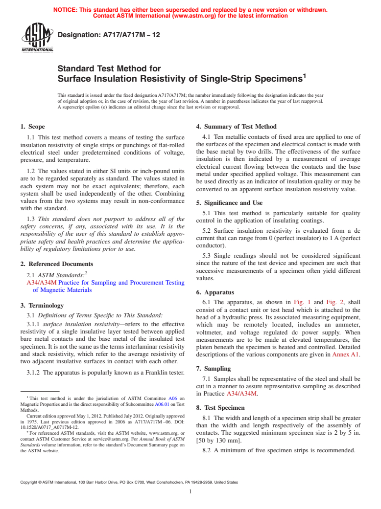 ASTM A717/A717M-12 - Standard Test Method for  Surface Insulation Resistivity of Single-Strip Specimens