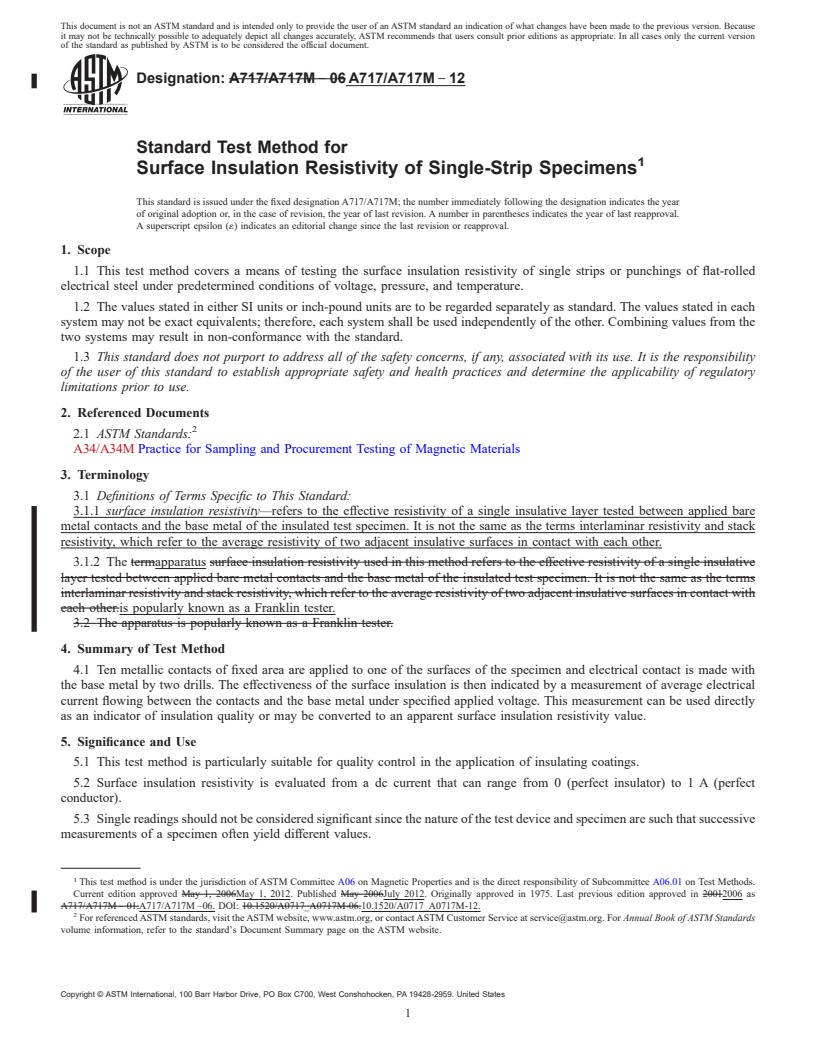 REDLINE ASTM A717/A717M-12 - Standard Test Method for  Surface Insulation Resistivity of Single-Strip Specimens