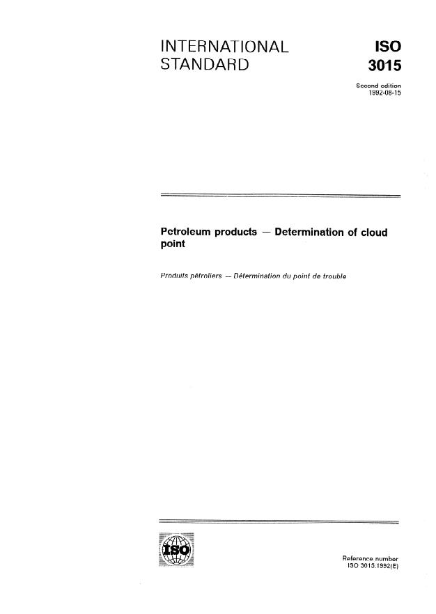ISO 3015:1992 - Petroleum products -- Determination of cloud point