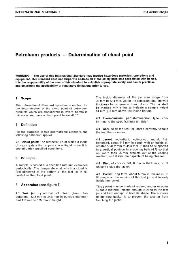 ISO 3015:1992 - Petroleum products -- Determination of cloud point