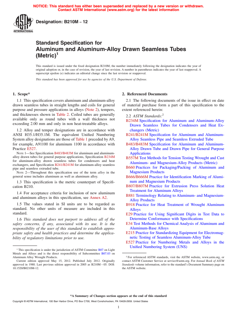 ASTM B210M-12 - Standard Specification for Aluminum and Aluminum-Alloy Drawn Seamless Tubes (Metric) (Withdrawn 2019)