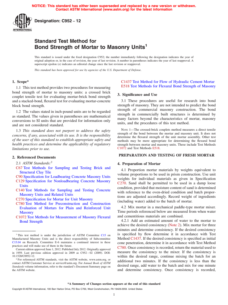 ASTM C952-12 - Standard Test Method for  Bond Strength of Mortar to Masonry Units (Withdrawn 2018)