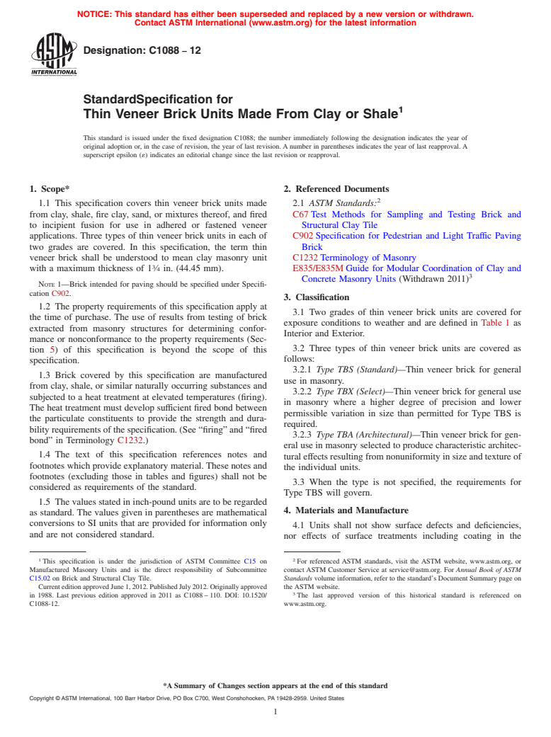 ASTM C1088-12 - Standard Specification for Thin Veneer Brick Units Made From Clay or Shale
