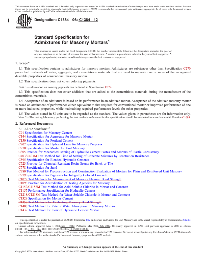 REDLINE ASTM C1384-12 - Standard Specification for Admixtures for Masonry Mortars