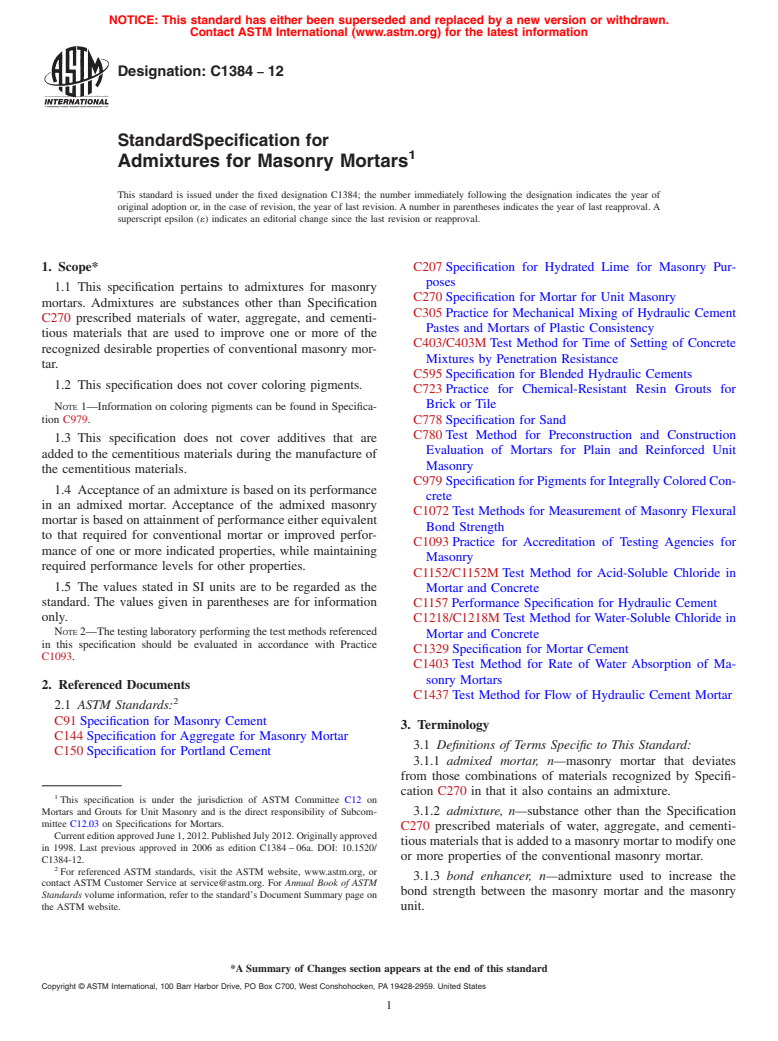 ASTM C1384-12 - Standard Specification for Admixtures for Masonry Mortars
