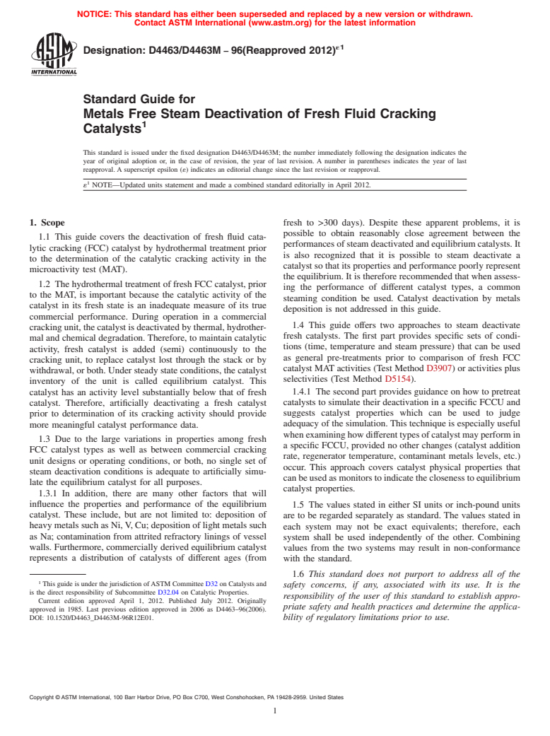 ASTM D4463/D4463M-96(2012)e1 - Standard Guide for Metals Free Steam Deactivation of Fresh Fluid Cracking Catalysts