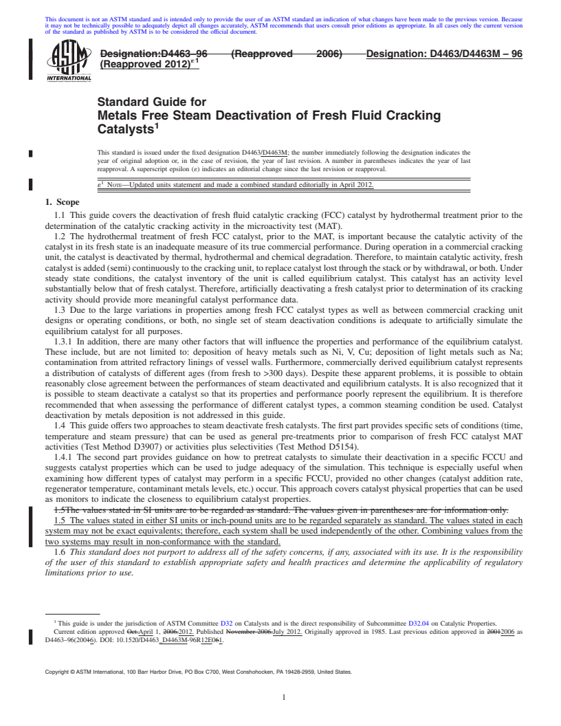 REDLINE ASTM D4463/D4463M-96(2012)e1 - Standard Guide for Metals Free Steam Deactivation of Fresh Fluid Cracking Catalysts