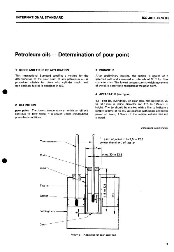 ISO 3016:1974 - Petroleum oils -- Determination of pour point
