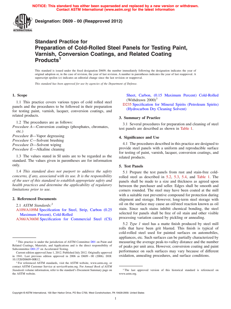 ASTM D609-00(2012) - Standard Practice for  Preparation of Cold-Rolled Steel Panels for Testing Paint,   Varnish,   Conversion Coatings, and Related Coating Products