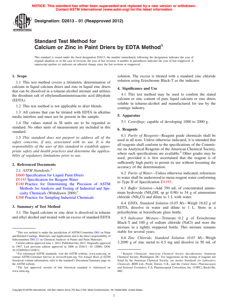 ASTM D2613-01(2012) - Standard Test Method for  Calcium or Zinc in Paint Driers by EDTA Method