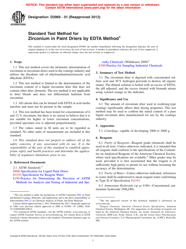 ASTM D3969-01(2012) - Standard Test Method for  Zirconium in Paint Driers by EDTA Method