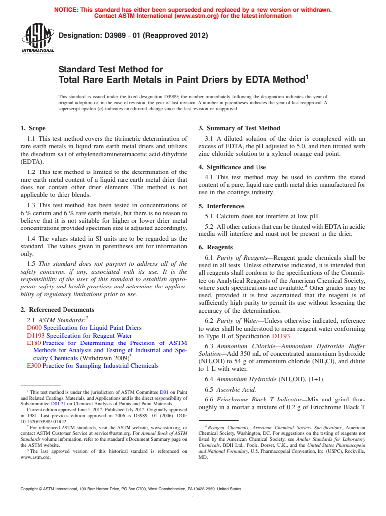 ASTM D3989-01(2012) - Standard Test Method for  Total Rare Earth Metals in Paint Driers by EDTA Method