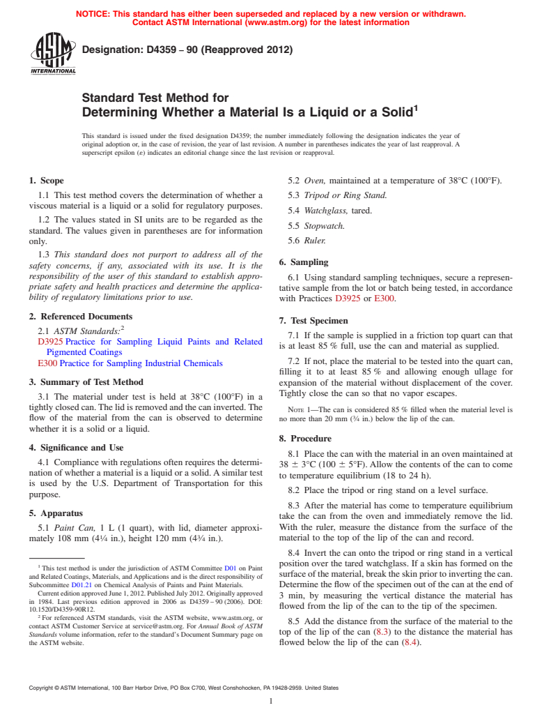 ASTM D4359-90(2012) - Standard Test Method for  Determining Whether a Material Is a Liquid or a Solid