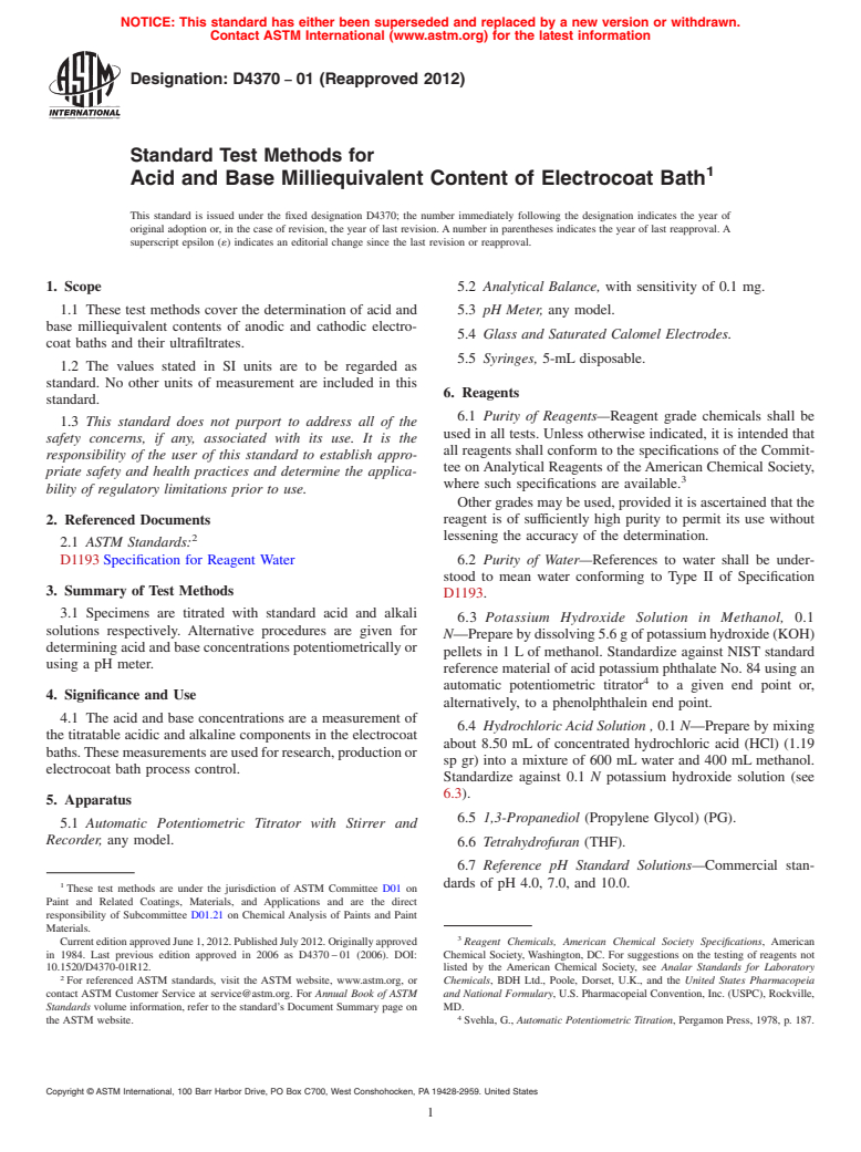 ASTM D4370-01(2012) - Standard Test Methods for  Acid and Base Milliequivalent Content of Electrocoat Bath