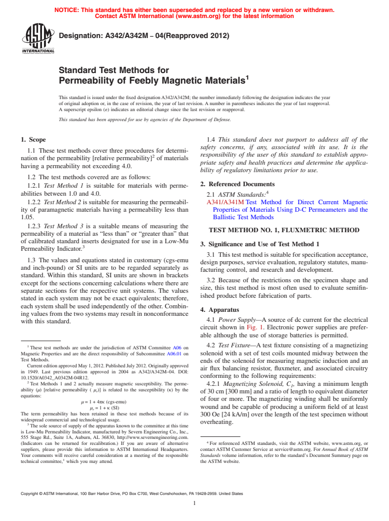 ASTM A342/A342M-04(2012) - Standard Test Methods for Permeability of Feebly Magnetic Materials