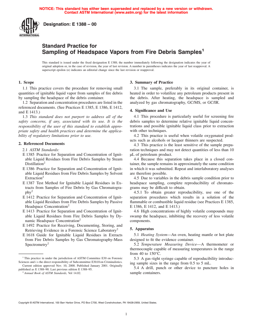 ASTM E1388-00 - Standard Practice for Sampling of Headspace Vapors from Fire Debris Samples