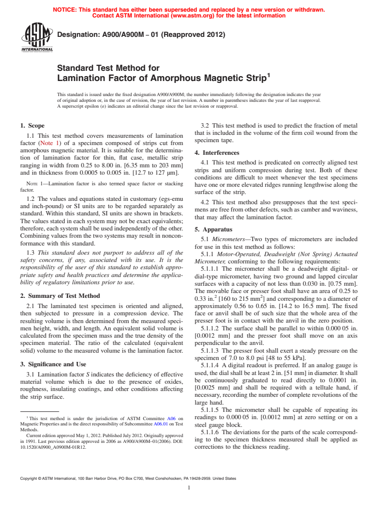 ASTM A900/A900M-01(2012) - Standard Test Method for Lamination Factor of Amorphous Magnetic Strip