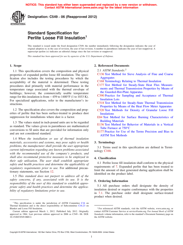 ASTM C549-06(2012) - Standard Specification for  Perlite Loose Fill Insulation