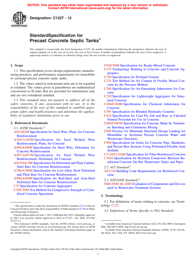 ASTM C1227-12 - Standard Specification for  Precast Concrete Septic Tanks