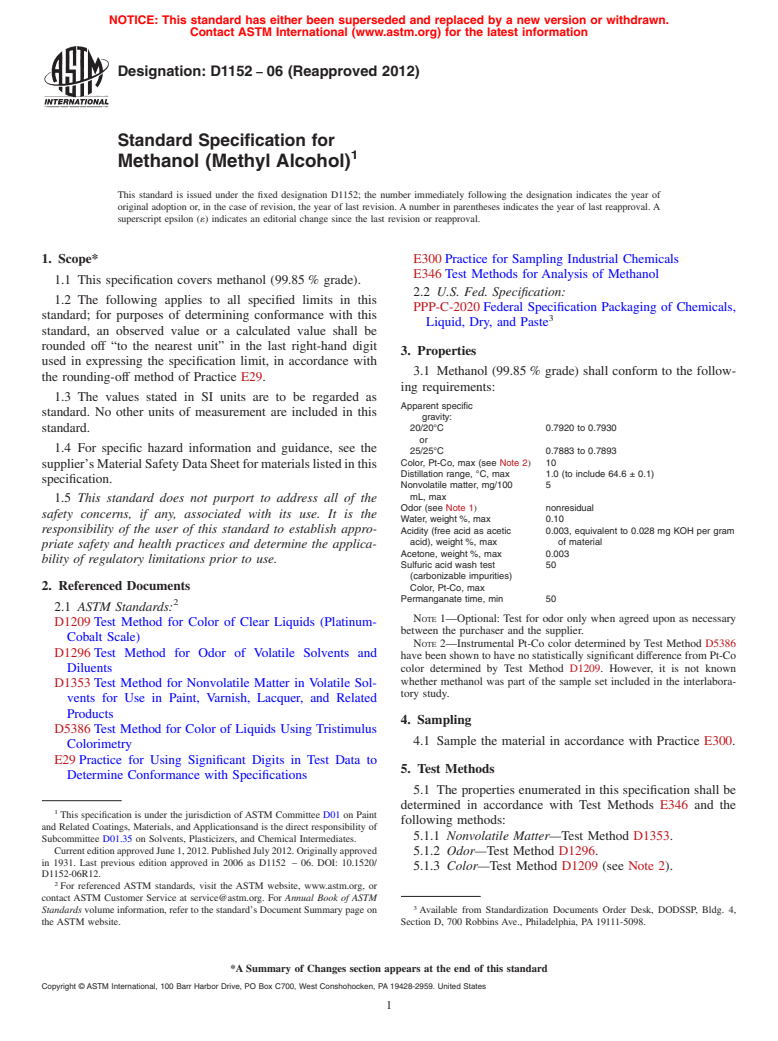 ASTM D1152-06(2012) - Standard Specification for Methanol (Methyl Alcohol) (Withdrawn 2021)