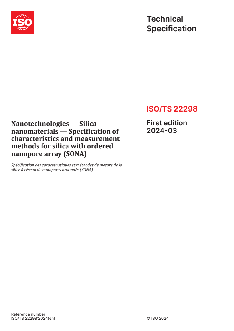 ISO/TS 22298:2024 - Nanotechnologies — Silica nanomaterials — Specification of characteristics and measurement methods for silica with ordered nanopore array (SONA)
Released:22. 03. 2024