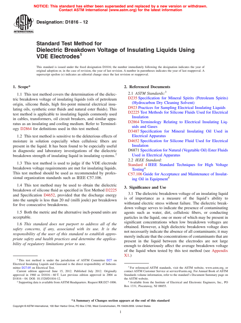 ASTM D1816-12 - Standard Test Method for  Dielectric Breakdown Voltage of Insulating Liquids Using VDE Electrodes