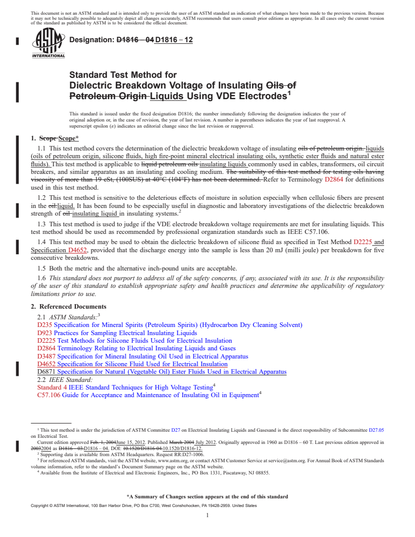 REDLINE ASTM D1816-12 - Standard Test Method for  Dielectric Breakdown Voltage of Insulating Liquids Using VDE Electrodes