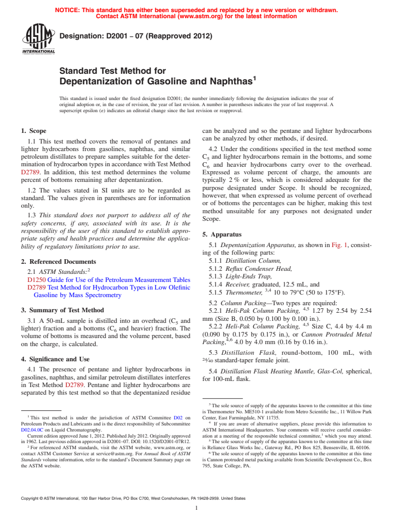 ASTM D2001-07(2012) - Standard Test Method for Depentanization of Gasoline and Naphthas