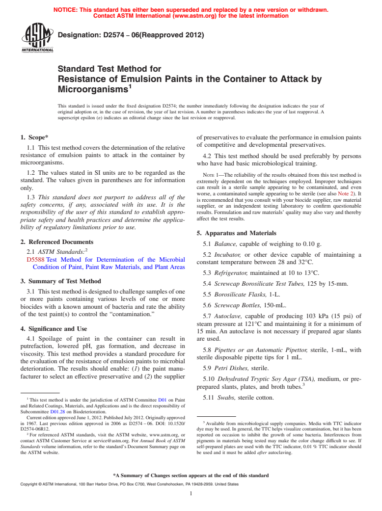 ASTM D2574-06(2012) - Standard Test Method for  Resistance of Emulsion Paints in the Container to Attack by  Microorganisms