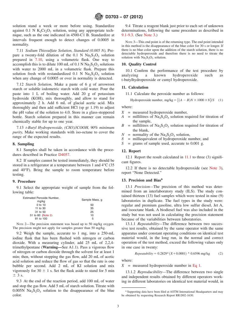 ASTM D3703-07(2012) - Standard Test Method for Hydroperoxide Number of Aviation Turbine Fuels, Gasoline and   Diesel Fuels